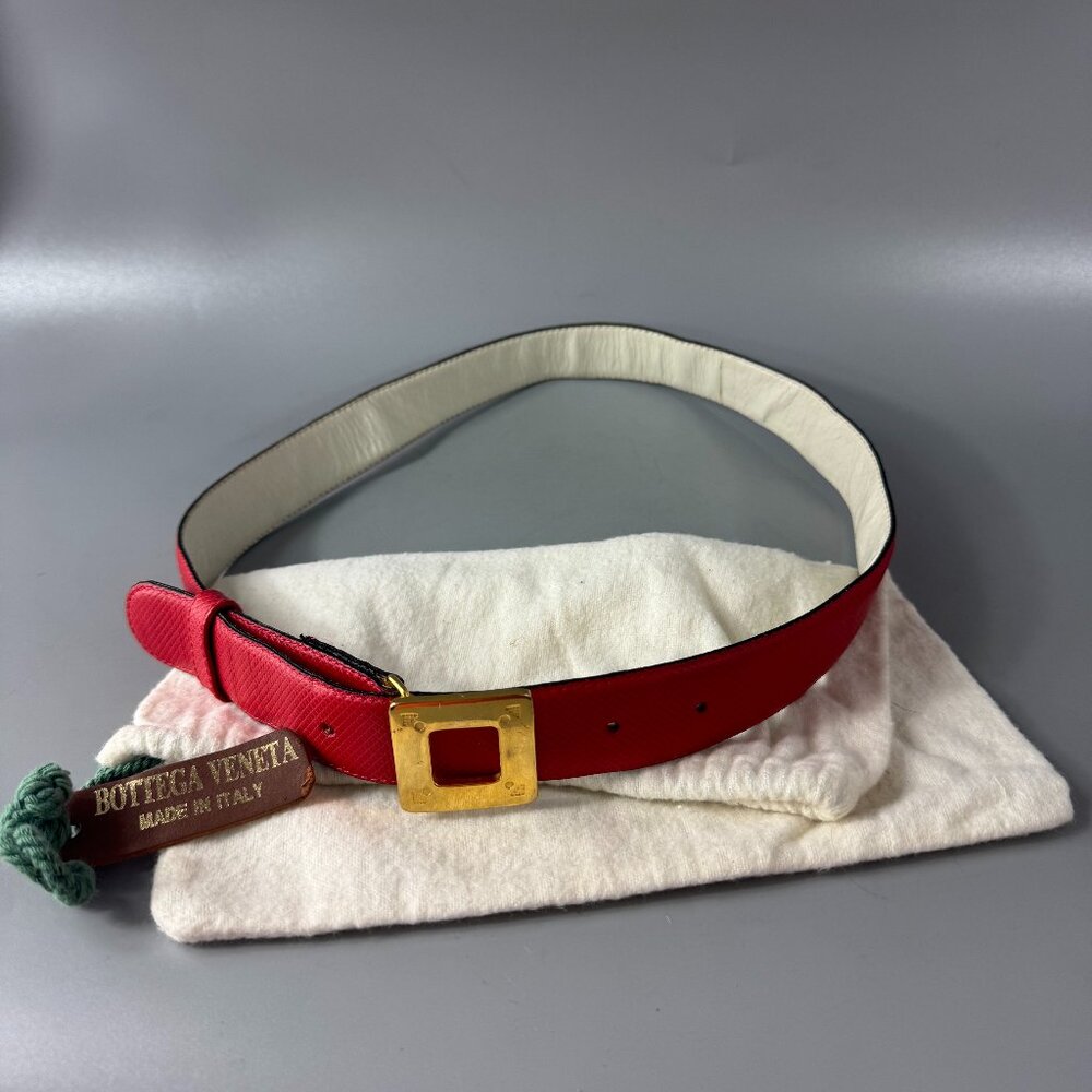 Authentic Vintage Bottega Veneta Red Leather Gold Buckle Women's Belt, Size M